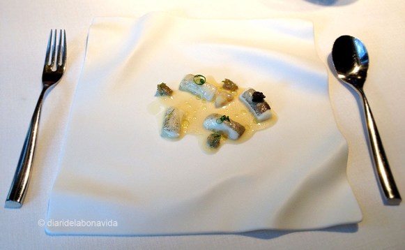 Petits lloms de bacallà, llavors de padró adobades amb tàperes, suc de bacallà amb cardamom i liàcies. Una textura sorprenent...