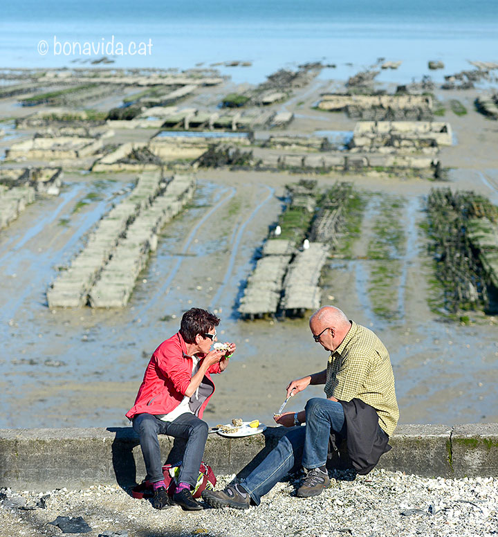 La típica imatge de Cancale. Menjant ostres davant els vivers