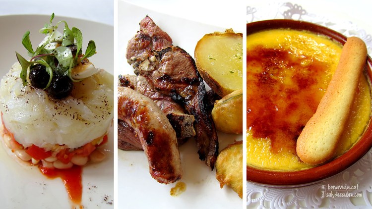Empedrat de bacallà, graellada de carn a la brasa i crema catalana. Tot exquisit!