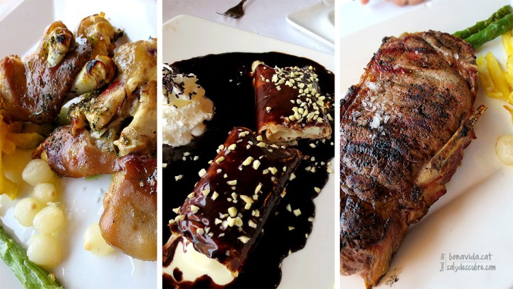 Peus de porc a la brasa, molt tendres, crepe amb gelat (de postres) i entrecot a la brasa (molt tendre i ben fet)