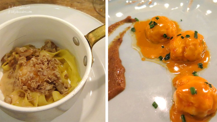 Tallerins amb tòfona, bolets i rovell d'ou (espectaculars, el millor plat del menú!) // Raviolis de gamba amb salsa de gamba i llàgrima de salsa de ceps (boníssims! La mateixa gamba fa d'envoltori de ravioli, farcits de ceps. Molt delicat i intens)