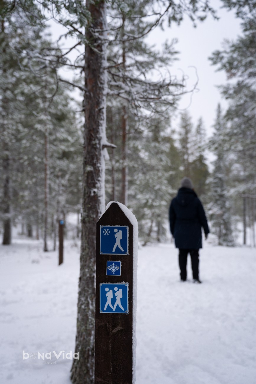 Senyalització d'un sender nevat amb icones d'activitats hivernals, al fons, una persona caminant pel sender.