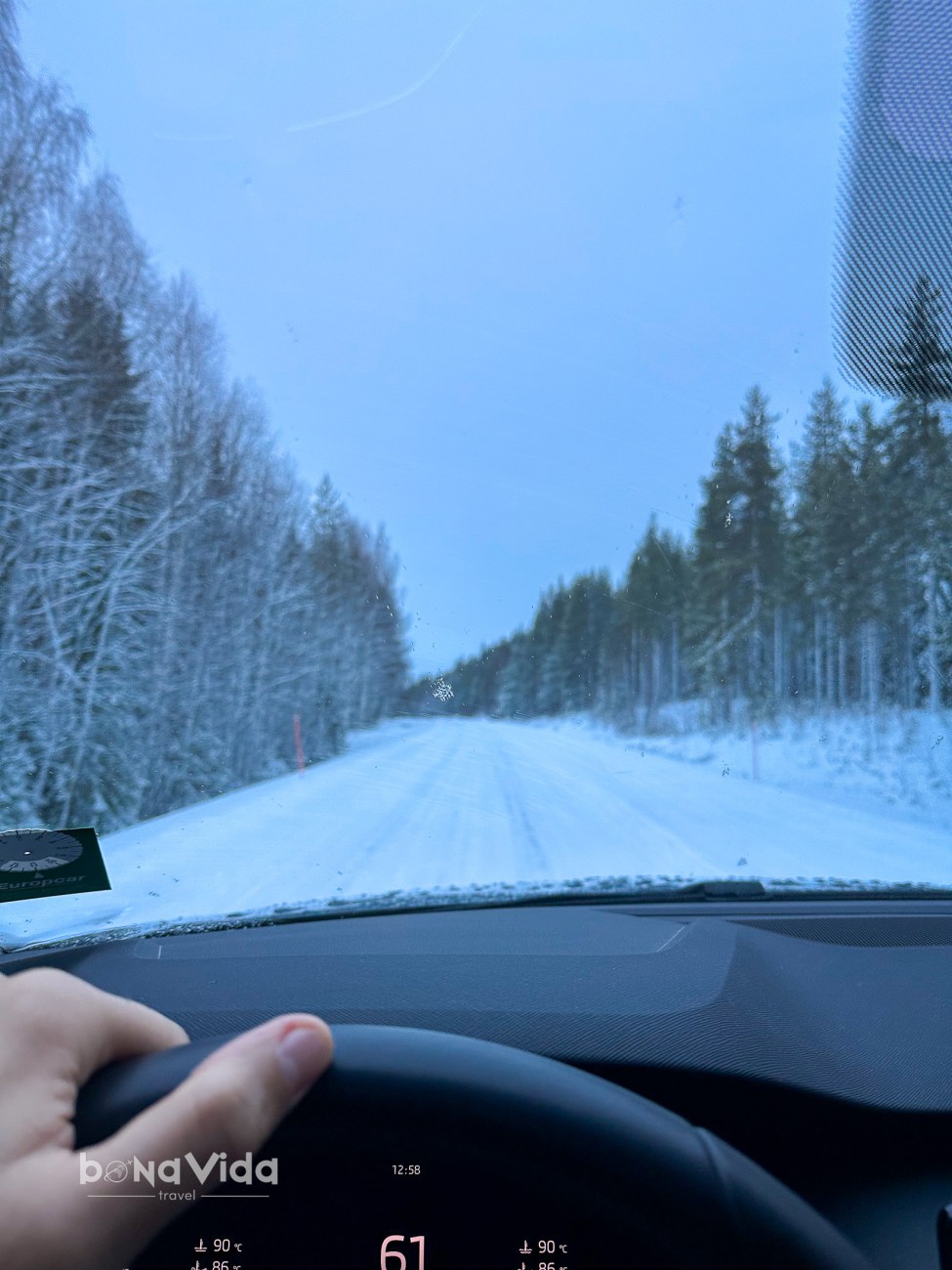 Vista des de l'interior d'un cotxe conduint per una carretera nevada amb arbres al costat.